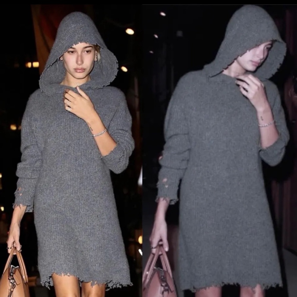 NWOT RtA CELINE Hooded Sweater Dress Tunic Hoodie Cashmere Knit Ash Distressed